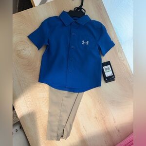 Under Armour Blue Button Down Shirt with Tan Pants